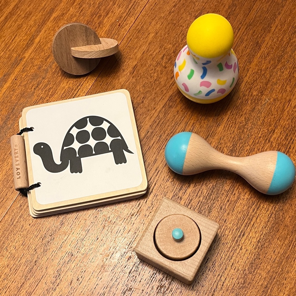 Lovevery Wooden Book, hand to hand toy, rattle, pincer puzzle